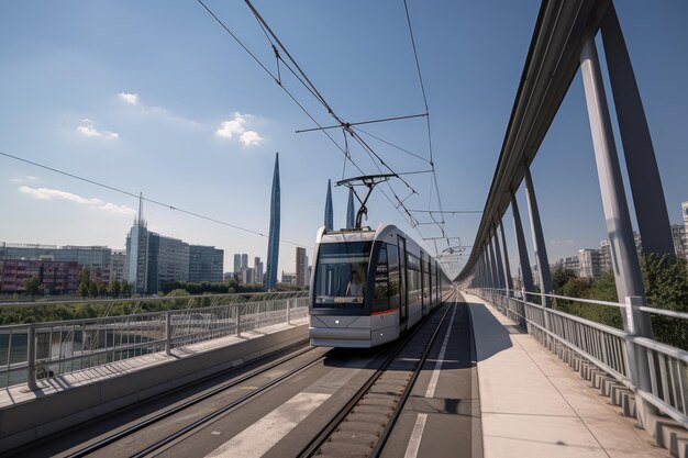 Tram over de moderne brug met uitzicht op de stad op de achtergrond