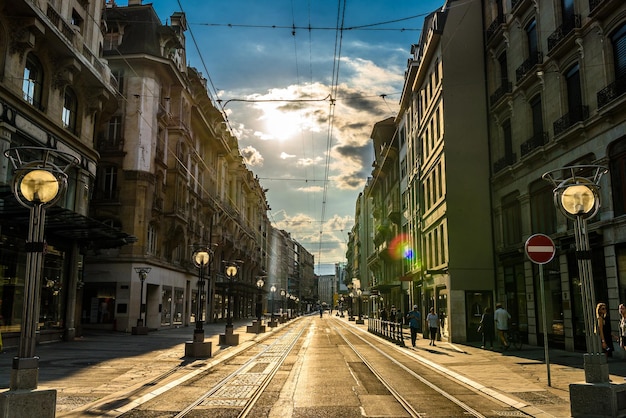 Tram railway in sunset in Geneva Switzerland