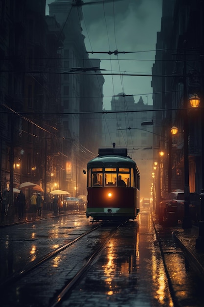 A tram on a rainy night