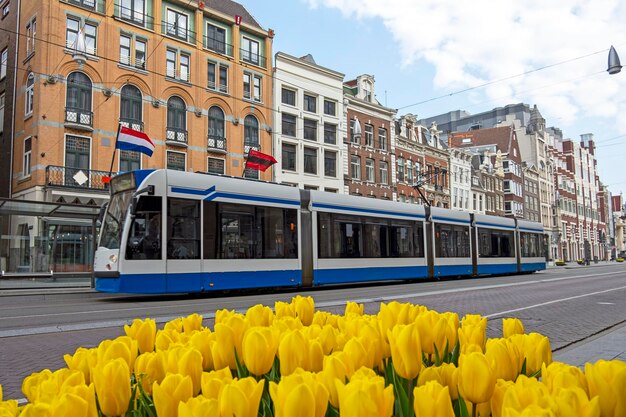 Foto tram rijdt op een lege rokin in amsterdam nederland tijdens de corona-crisis