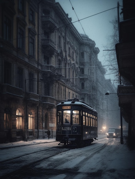 A tram in the snow with the number 7 on it