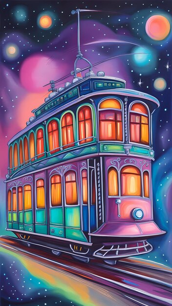 Tram in the space oil painting cartoon artwork