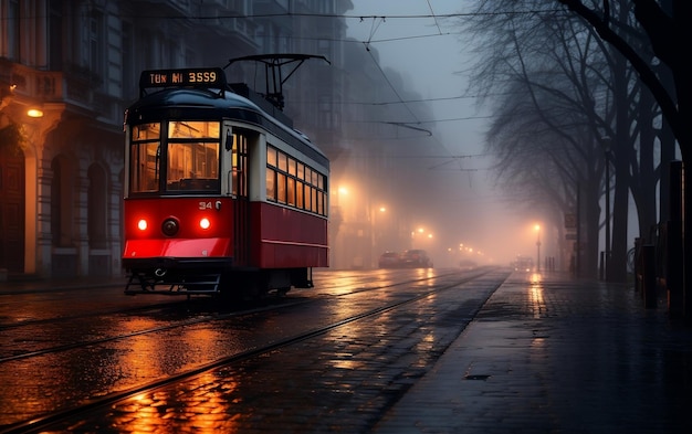 Tram standing on the street of a town Generative AI