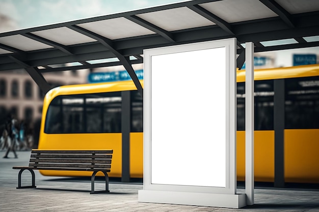 Photo tram station with white poster for advertising mockup template