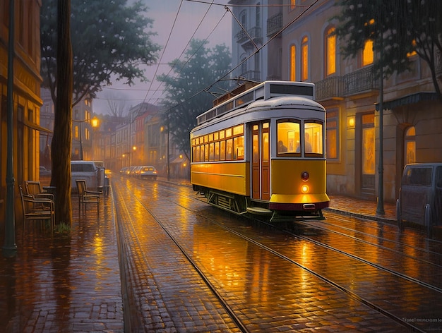 A tram on the street of Lisbon in Portugal in the evening lighting
