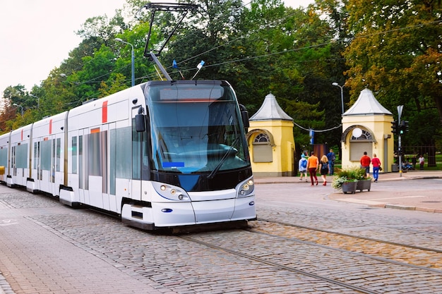 Tram in the street in Riga in Latvia.