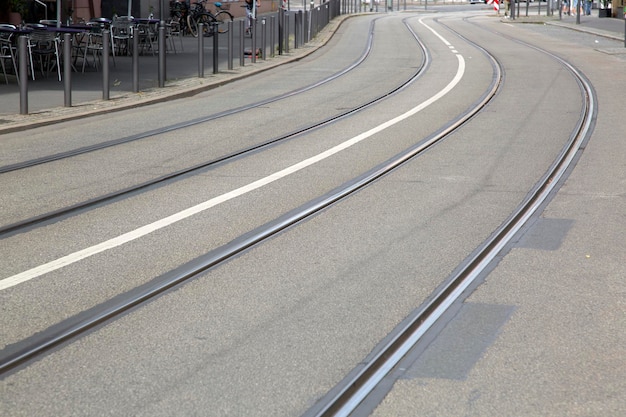 Tram track curve on street in frankfurt, germany