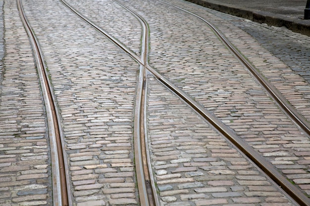 Tram Track Junction on Cobble Stone Street