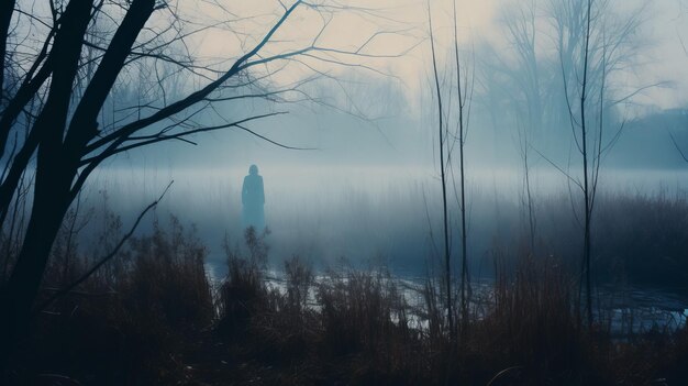 写真 霧の中のトランス 孤立した風景を通る 恐ろしいパスタの旅