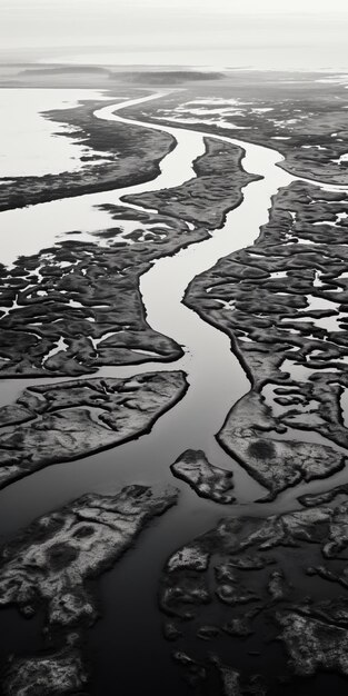 Foto tranquilla fotografia aerea palude invernale e spiaggia rocciosa in monocromo