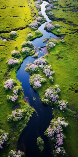 Спокойный вид с воздуха на цветущие дикие цветы вдоль спокойной реки