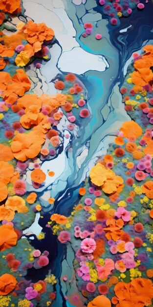 Photo tranquil aerial view vibrant wild flowers in a fluid and organic painting