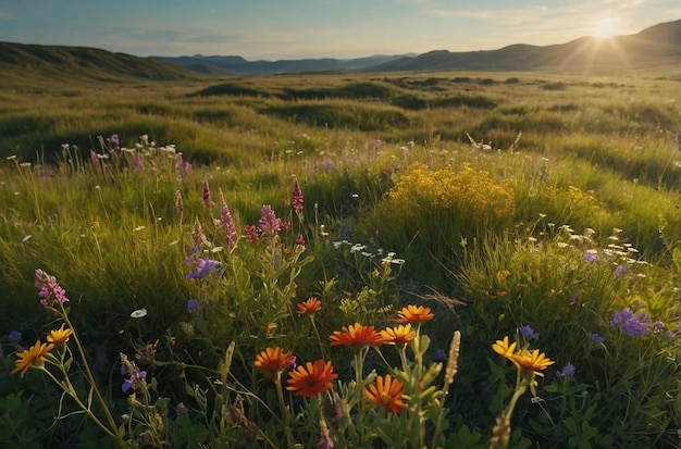 Tranquil aerial view of vibrant wildflowers and swaying grasslands