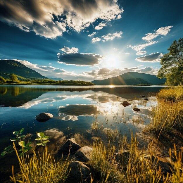 The tranquil afternoon sun bathes the landscape in a warm golden glow