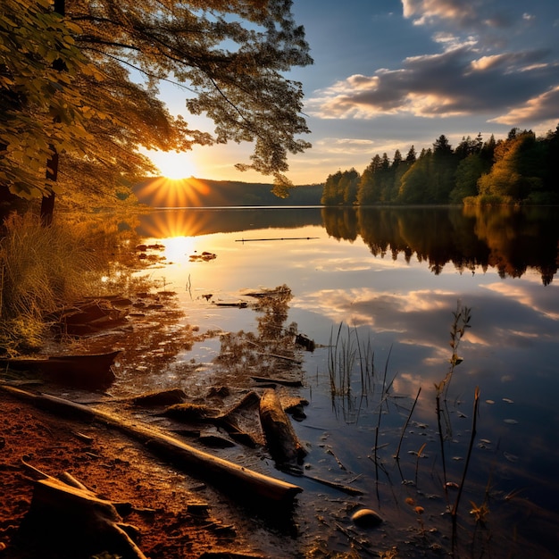 The tranquil afternoon sun bathes the landscape in a warm golden glow