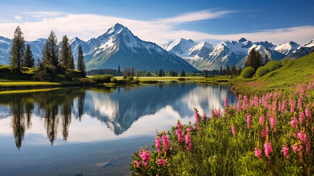 Tranquil Alpine Lake Surrounded by Blossoming Wildflowers and Majestic Mountains