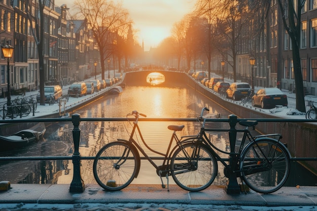 アムステルダムの静かな運河は,夜明けに街の魅力を反映しています.
