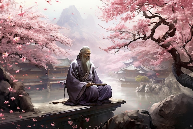 賢明な孔子がいる静かな古代中国庭園