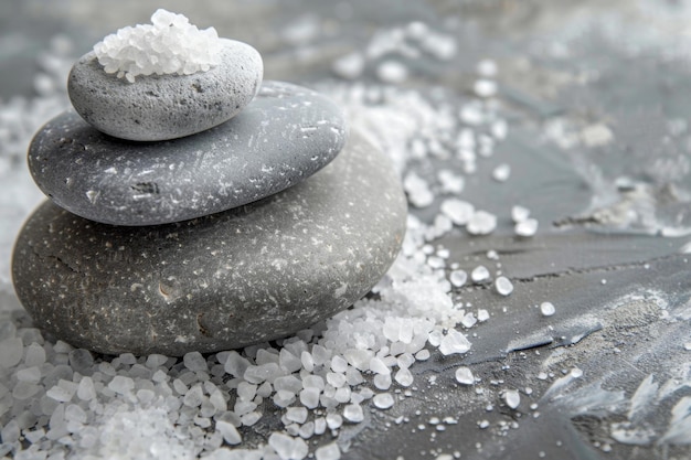 Tranquil arrangement of three stacked rocks with scattered salt on a textured gray surface