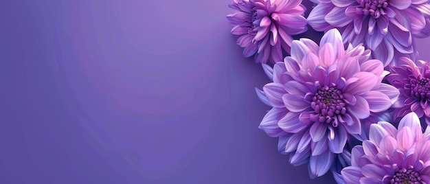A tranquil array of purple dahlia flowers set against a gradient purple backdrop Their vibrant hues and intricate petal structures evoke a sense of calm and elegance