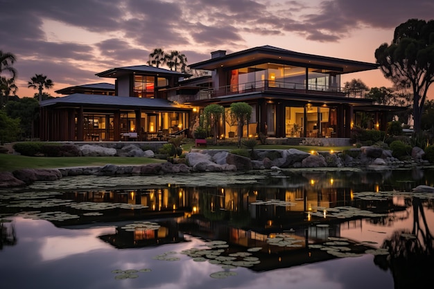 Photo a tranquil asianstyle house with a reflecting pond