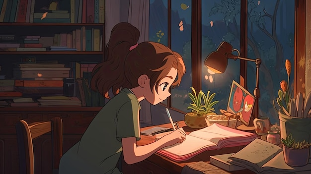 A tranquil atmosphere fills the room as a girl studies at her desk surrounded by lofi anime vibes
