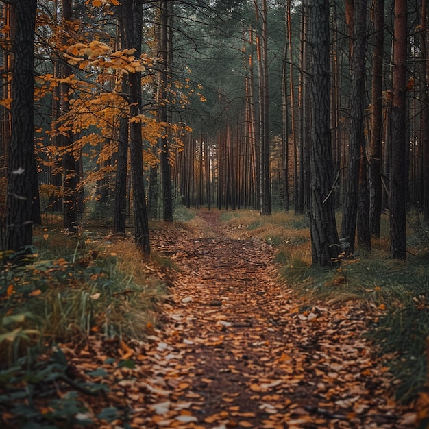 落ち葉 の ある 静かな 秋 の 森 の 道  美しい 自然 の 歩行