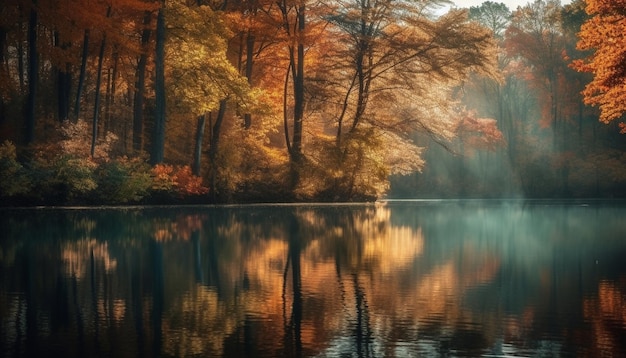 Tranquil autumn forest reflects vibrant colors in tranquil pond generated by AI