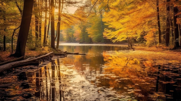 静かな秋の森は 活気のある自然を反映しています
