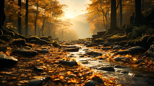 静かな秋の森、黄葉、霧、山頂、日の出
