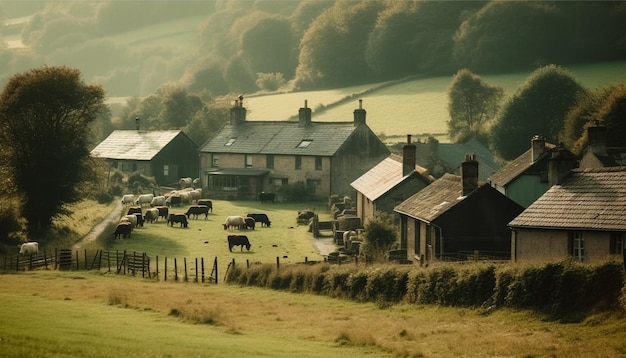 Tranquil autumn landscape cows grazing on rustic dairy farm meadow generated by AI