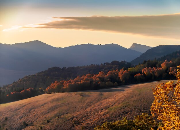 Tranquil autumn landscape mountain range back lit by sunset sky