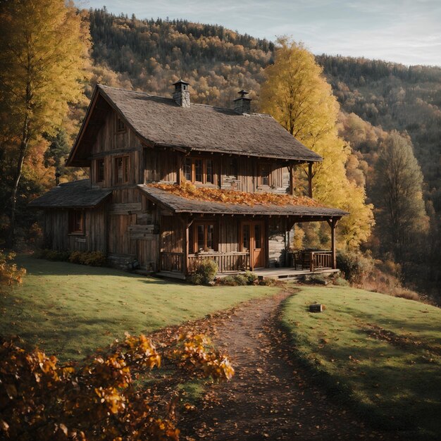 Foto cottage rustico del tranquillo paesaggio autunnale