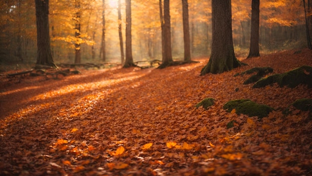 Tranquil Autumn Morning in Woodland Foggy Forest with Orange Leaves on Tree Branches