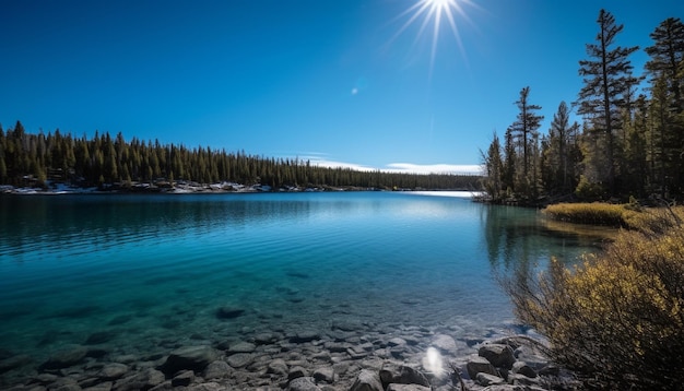 Tranquil autumn reflection on majestic mountain range in Alberta wilderness generated by AI