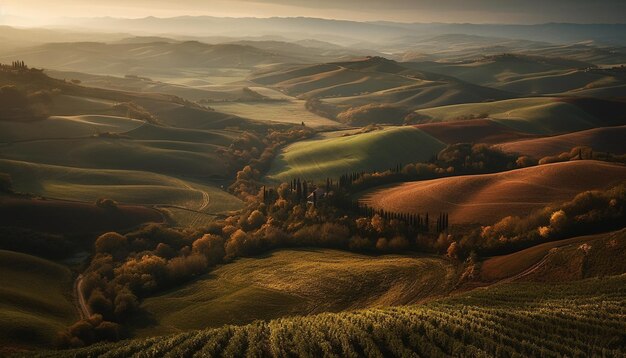 Foto tranquilla alba autunnale sui vigneti italiani e sul paesaggio ondulato generato dall'intelligenza artificiale