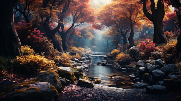 Tranquil autumn sunrise reflects vibrant colors on multi colored pond generated by AI