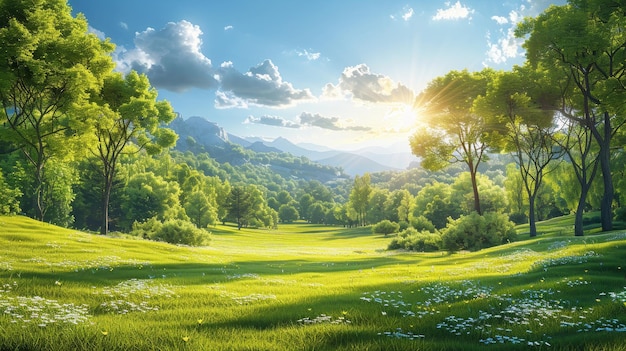 A tranquil background with green grass and trees in a spring landscape