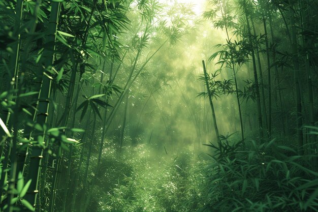 A tranquil bamboo forest with sunlight filtering t