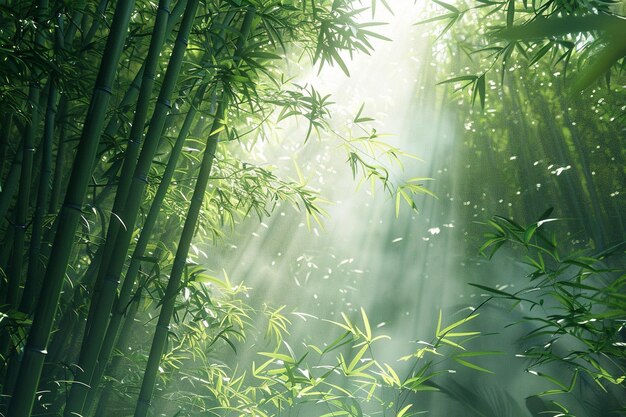 Tranquil bamboo forest with sunlight filtering thr