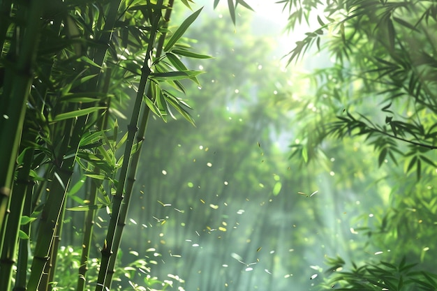 Tranquil bamboo forest with sunlight filtering thr