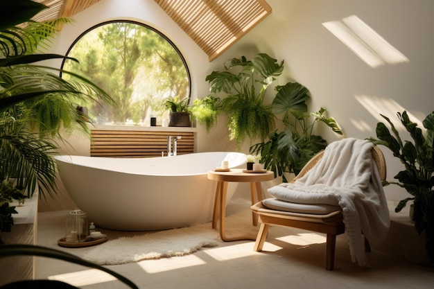 Tranquil bathroom oasis with a freestanding tub lush indoor plants and sunlit architectural details