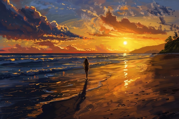 On a tranquil beach a girl watches the sun dip below the horizon casting a warm glow across the sand