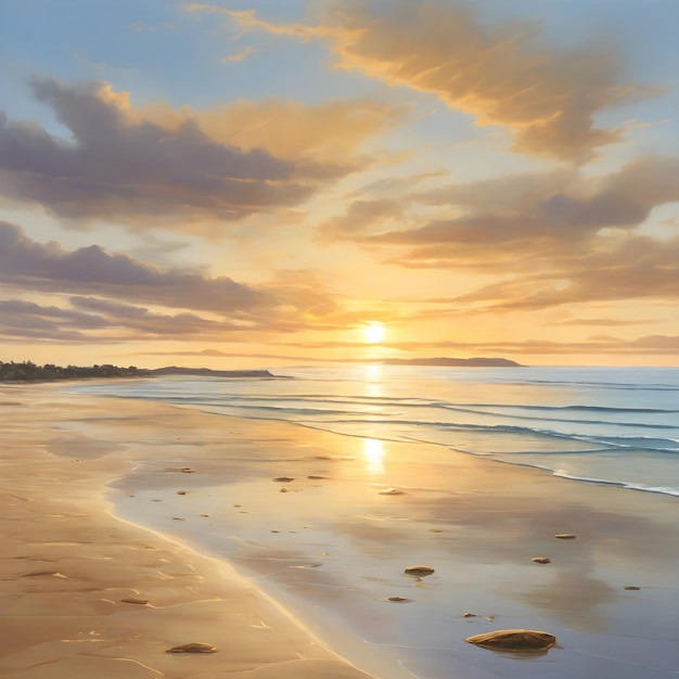 Tranquil beach scene at sunset where the golden hues of the sky reflect on calm waters