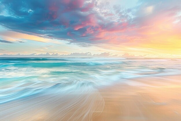 A tranquil beach scene at sunset