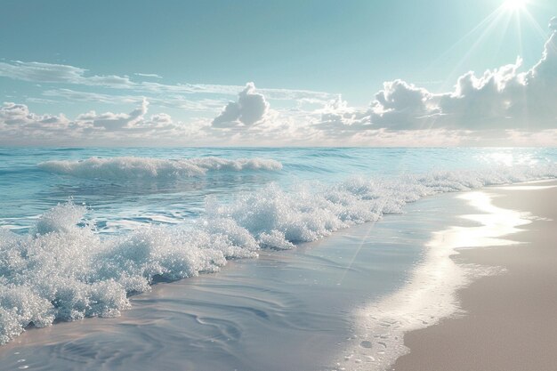 A tranquil beach scene with gentle waves rolling i