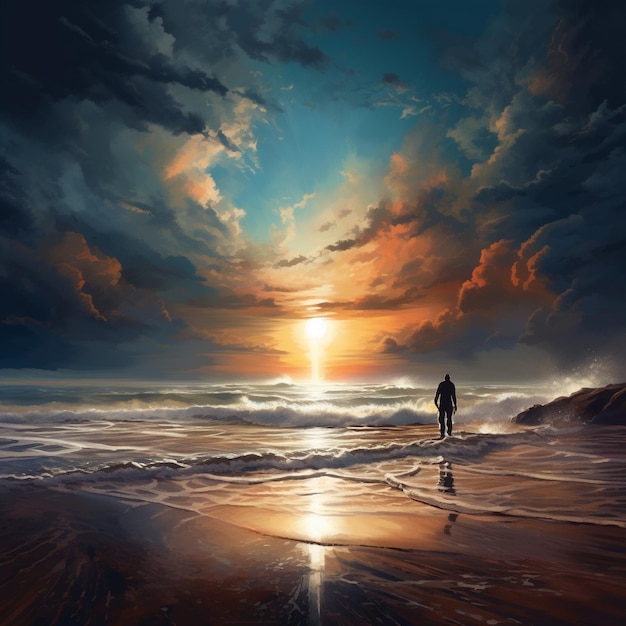 Tranquil beach scene with lone figure amidst tumultuous waves