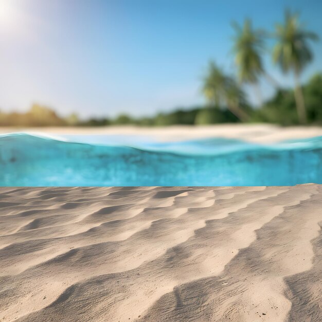 Photo tranquil beach scene with sandy shores blue sea palm trees and clear sky on a sunny day for socia