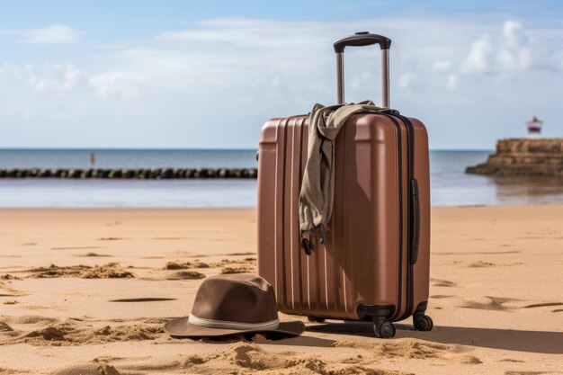 Tranquil beach scene with suitcase personal belongings and footprints leading into the sea