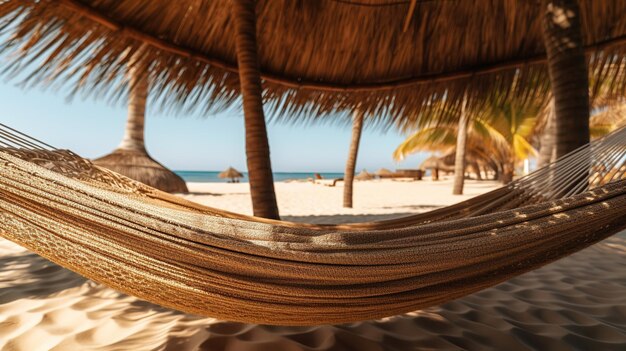 A tranquil beach setting with a hammock swaying gently between two palms